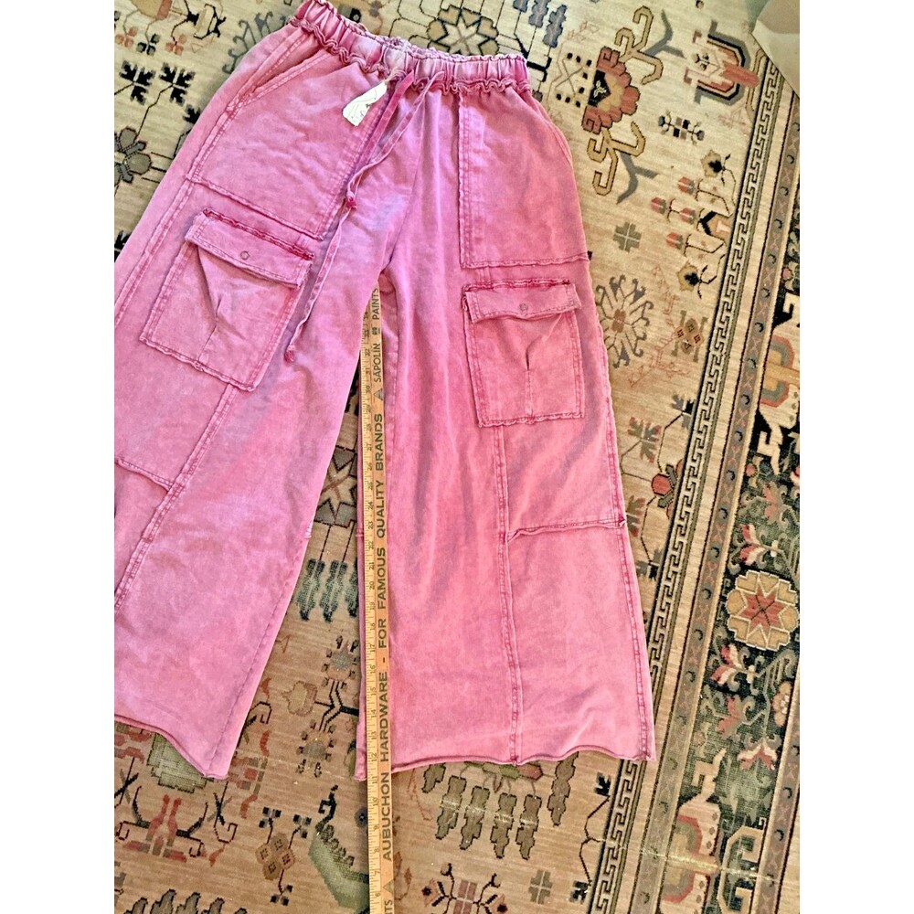 Easel Women Utility Feeling Good Washed Wide Leg Terry Faded Plum Cargo Pant S - Picture 2 of 7